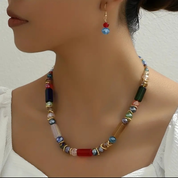 Boho Jewelry - Handmade Charming Glass and Brass Necklace and Earring Set.